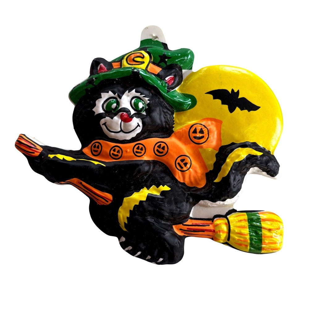 Vintage Halloween Black Cat Witch Moon Bat Wall Hanging Decoration Embossed PVC